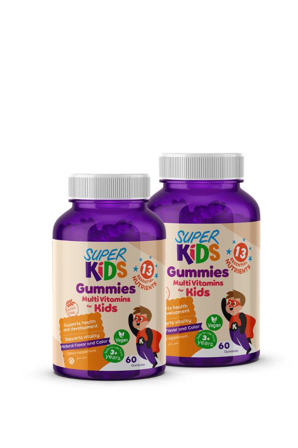Two bottles of Superkids Gummies Chewable Multivitamins, one in front and one in back, with purple labels and white caps.