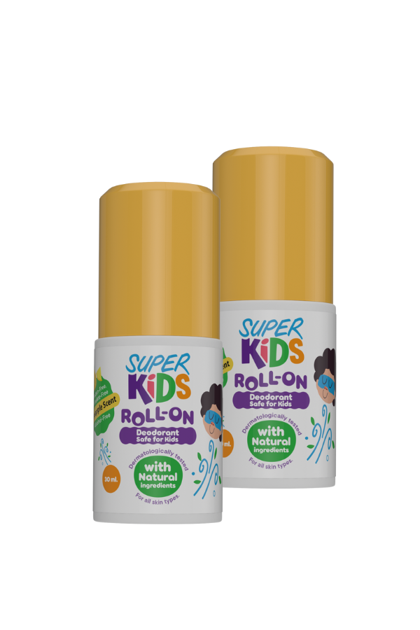 Two bottles of Superkids Roll On Pineapple Scent deodorant, one standing upright and the other lying down.