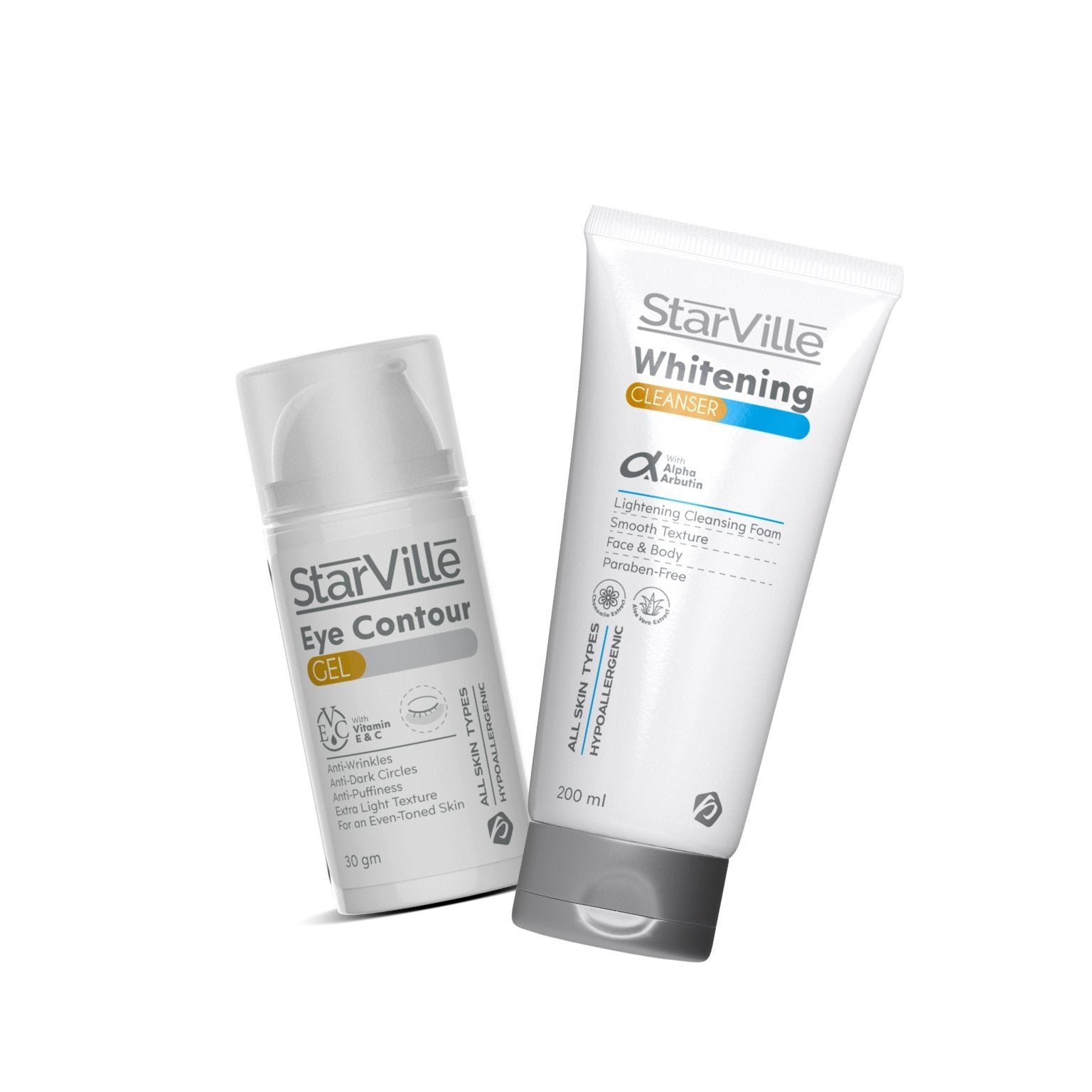 Two tubes of Starville eye contour and whitening products, one labeled as 'Eye Contour' and the other as 'Whitening Cleanser'.