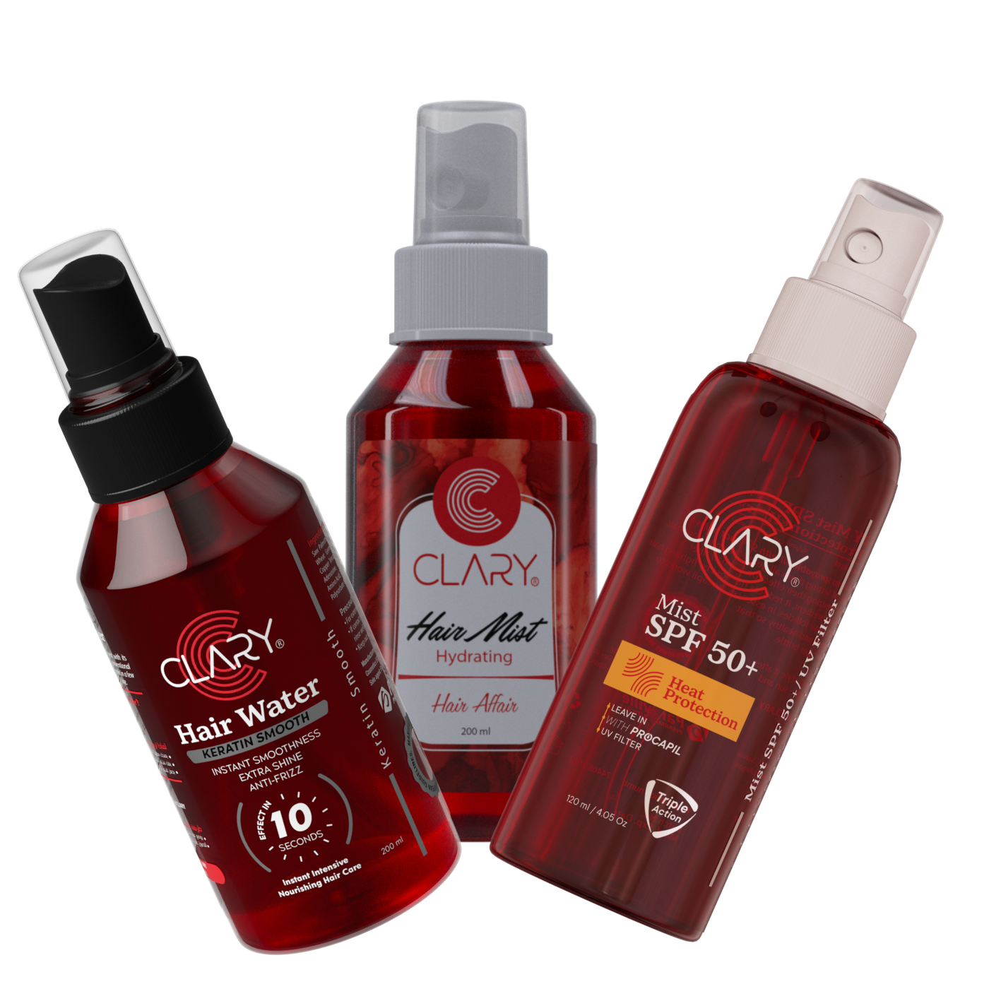 Three bottles of Clary brand hair care products, including Hair Water, Hair Mist, and Hair Mist SPF 50+.