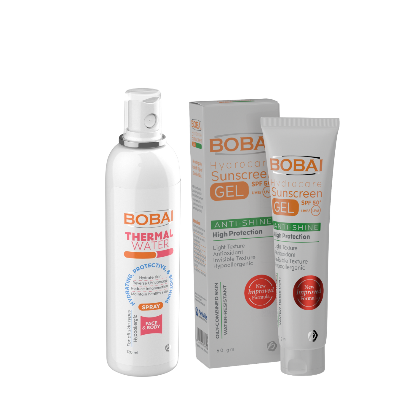 Product image showing BOBAI Sunscreen Hydrocare Gel SPF 50+ in a tube and BOBAI Thermal Water in a spray bottle.