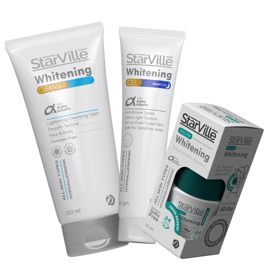Three Starville Whitening products for underarm skin care, including a cleanser, cream, and roll-on, packaged in white and grey tubes and a box.