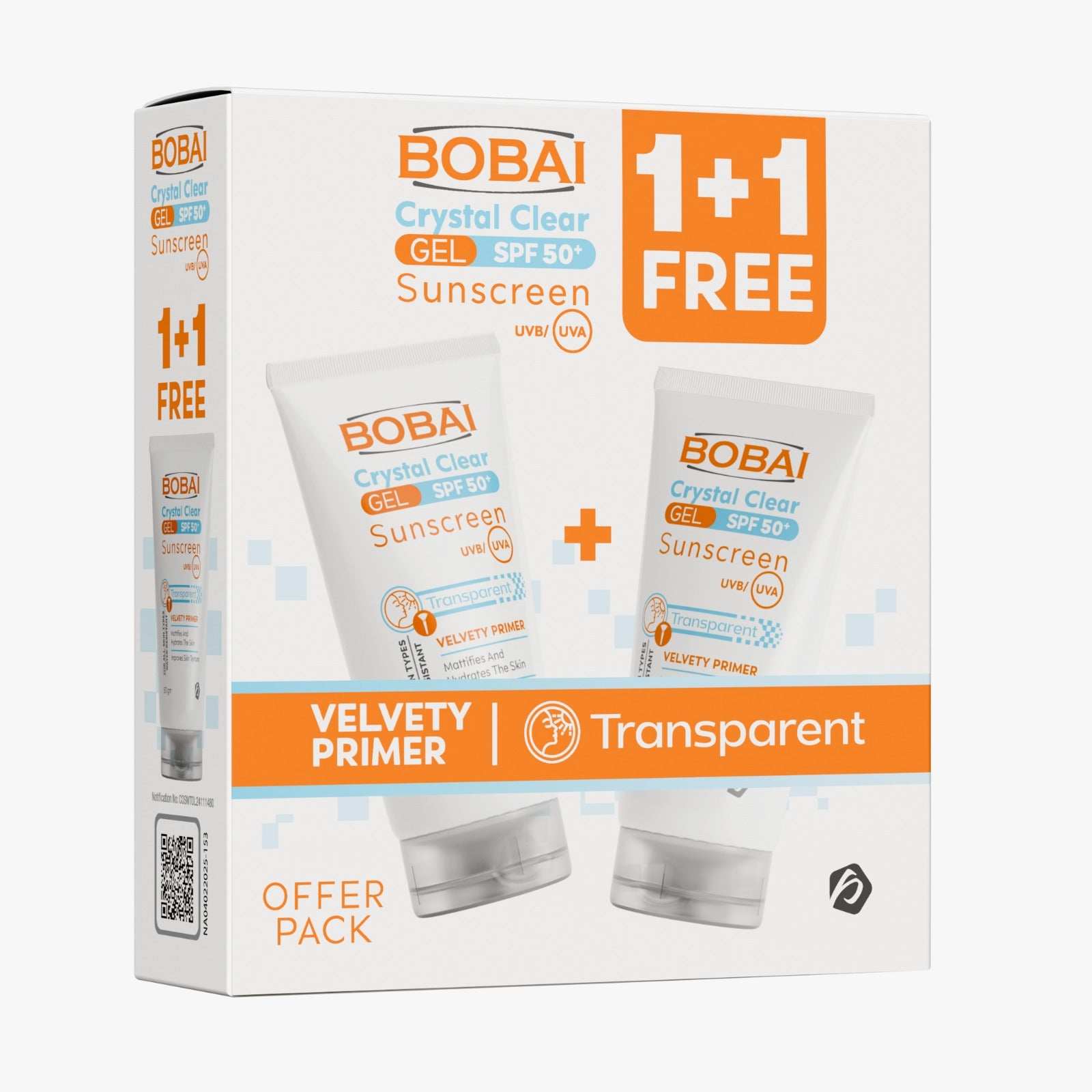 Packaging of Bobai Crystal Clear Gel SPF 50+ Sunscreen featuring two sunscreen bottles in a box with '1+1 Free' offer label, indicating a promotional offer pack.