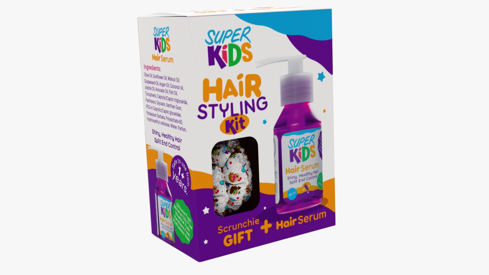Super Kids Hair Styling Kit packaging with hair serum and scrunchie