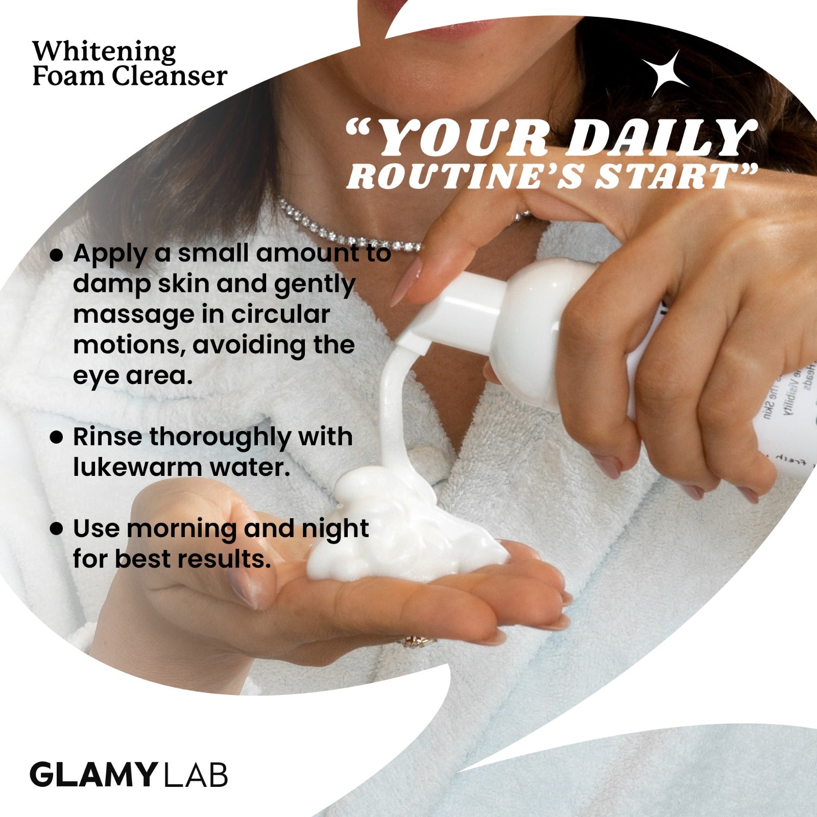 GLAMY LAB whitening foam cleanser with usage instructions.