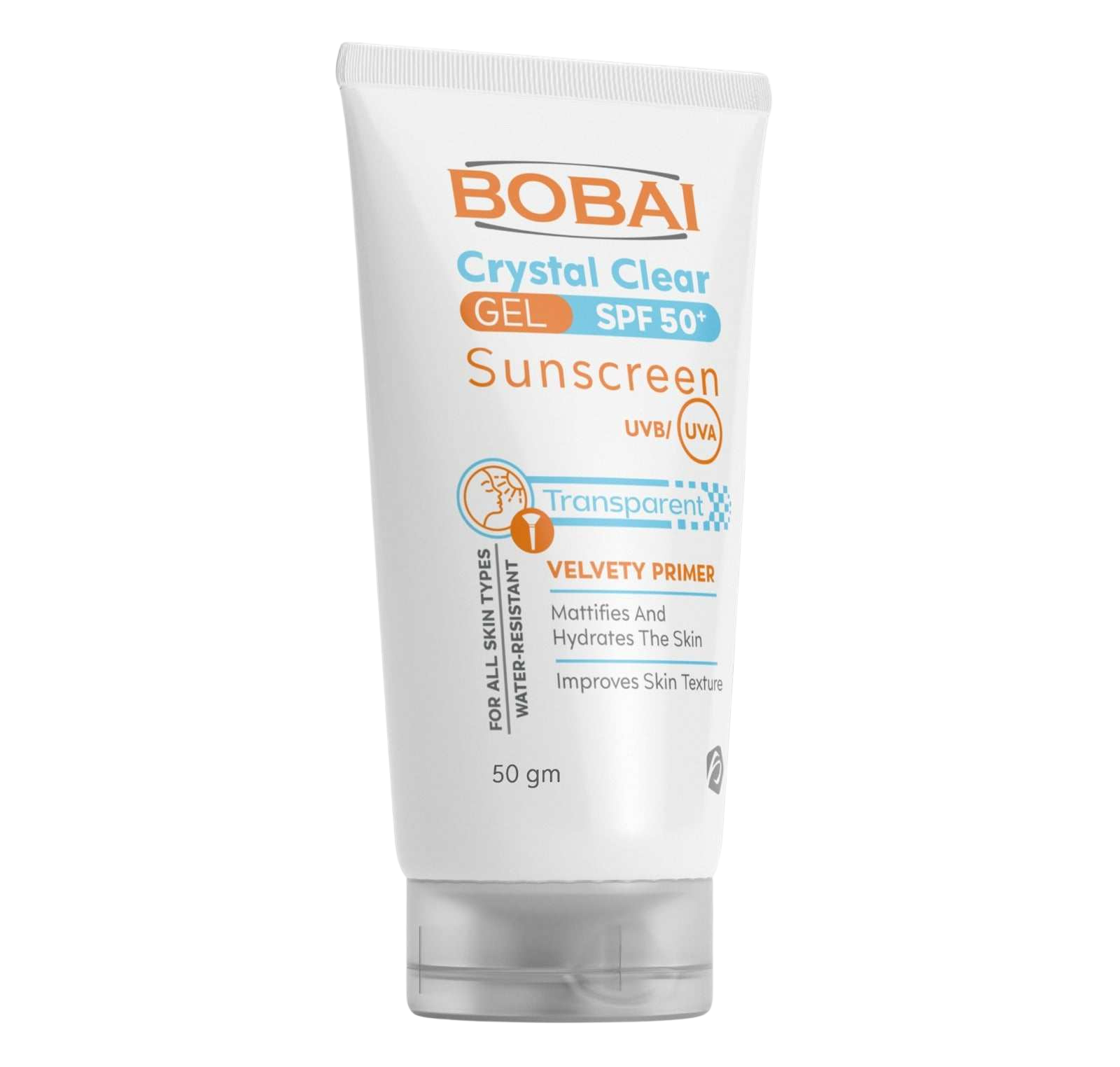 A tube of Bobai Crystal Clear Gel Sunscreen with SPF 50+ protection, indicated for face and body use.
