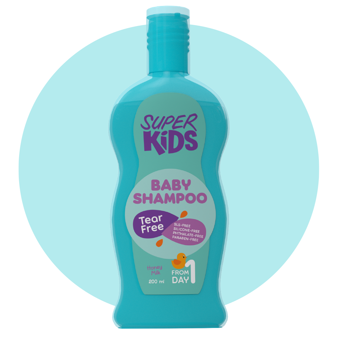 A bottle of Super Kids Baby Shampoo with a volume of 200 ml. The bottle is labeled with the brand name, product name, and a 'Tear Free' badge.