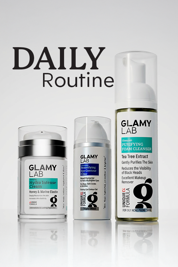 Glamy Lab skincare products with 'Daily Routine'