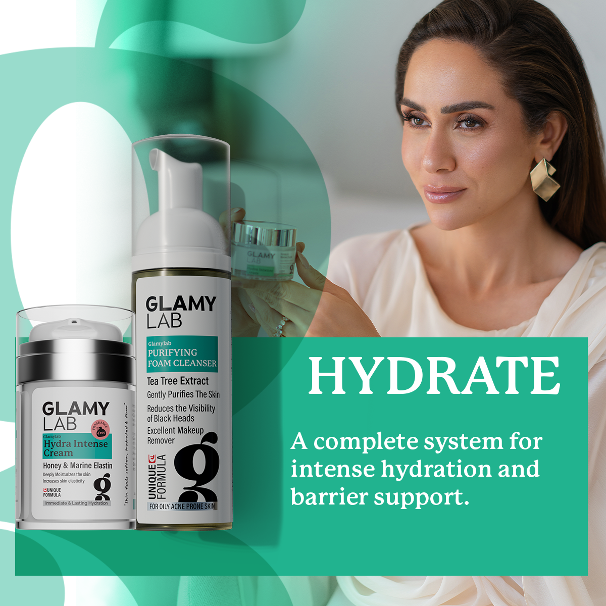 Glamy Lab skincare products with a woman and text 'HYDRATE'