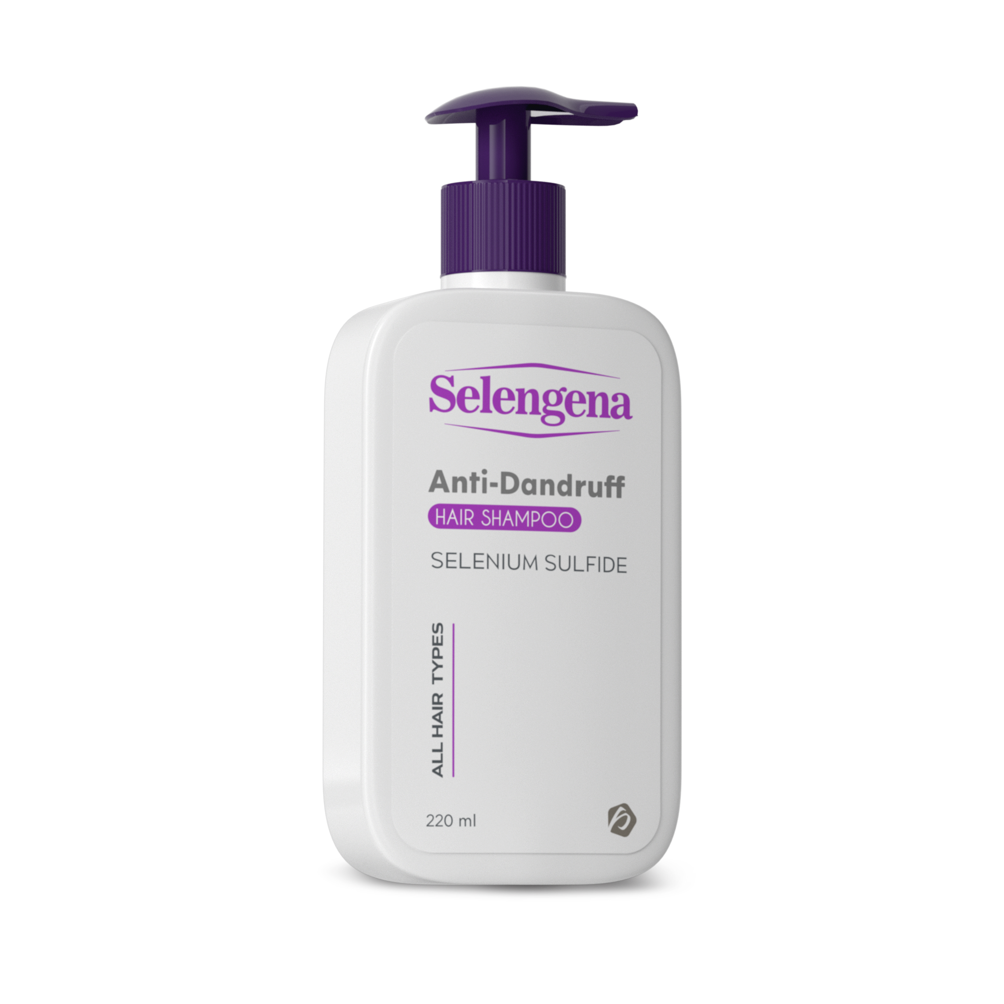 A bottle of Selengena Anti-Dandruff Hair Shampoo 220ml with a pump dispenser, labeled for all hair types with selenium sulfide as an active ingredient.