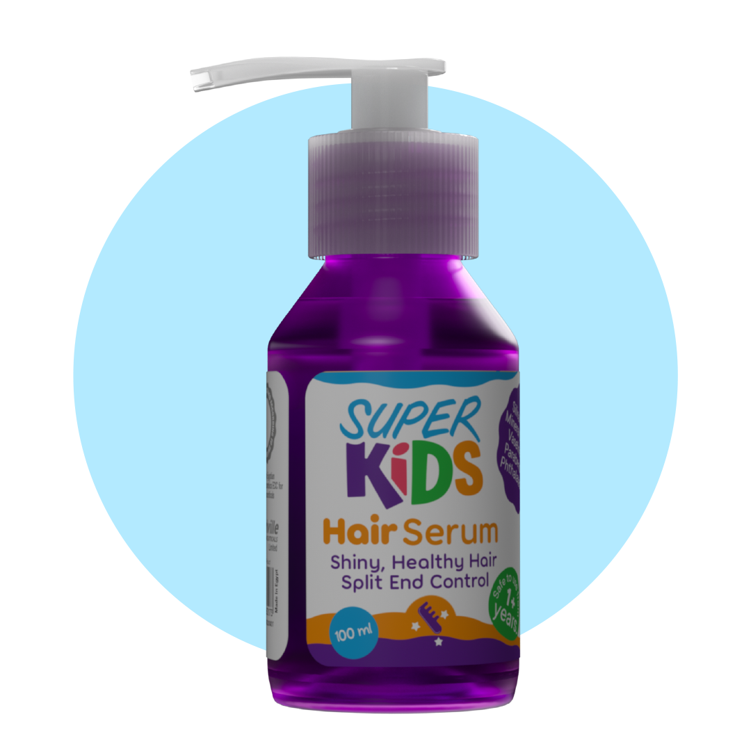 A bottle of Superkids Hair Serum with a purple label and cap, designed for split end control and shiny, healthy hair.