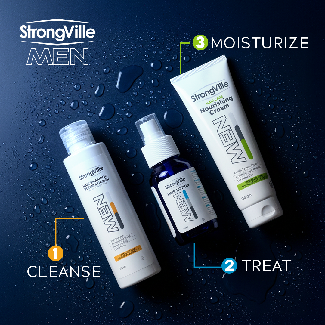 StrongVille Men's skincare products with 'Cleanse', 'Treat', and 'Moisturize' steps.