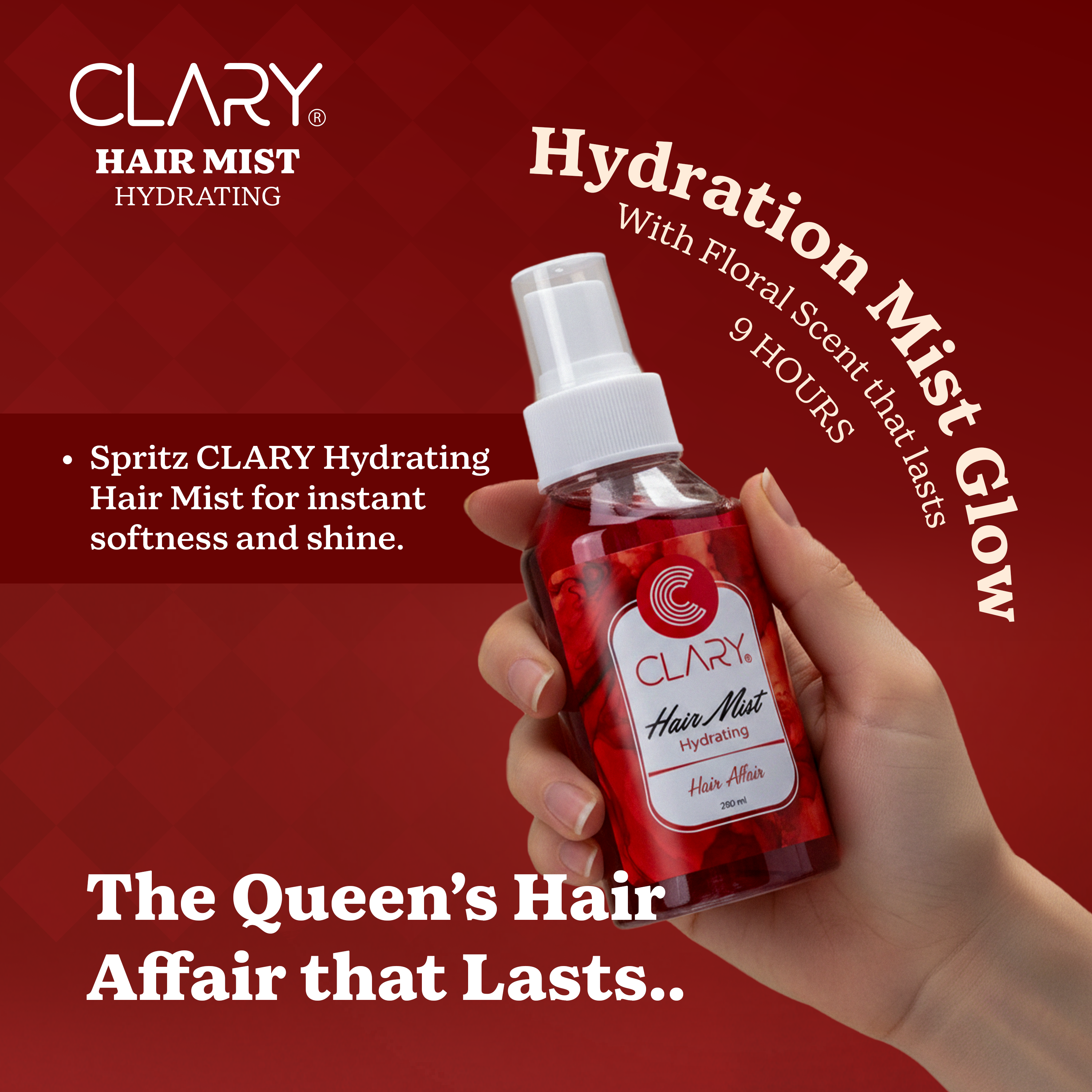 Clary Hair Mist bottle held in hand with promotional text