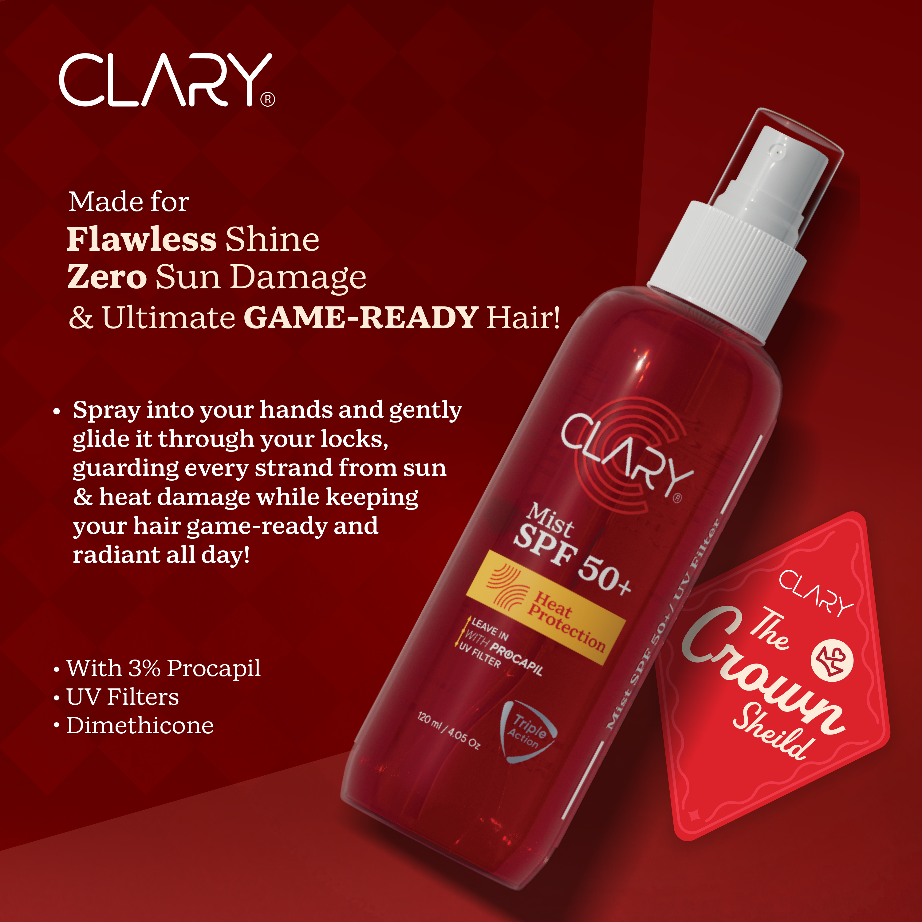 Clary hair Mist SPF 50+ spray bottle with promotional text