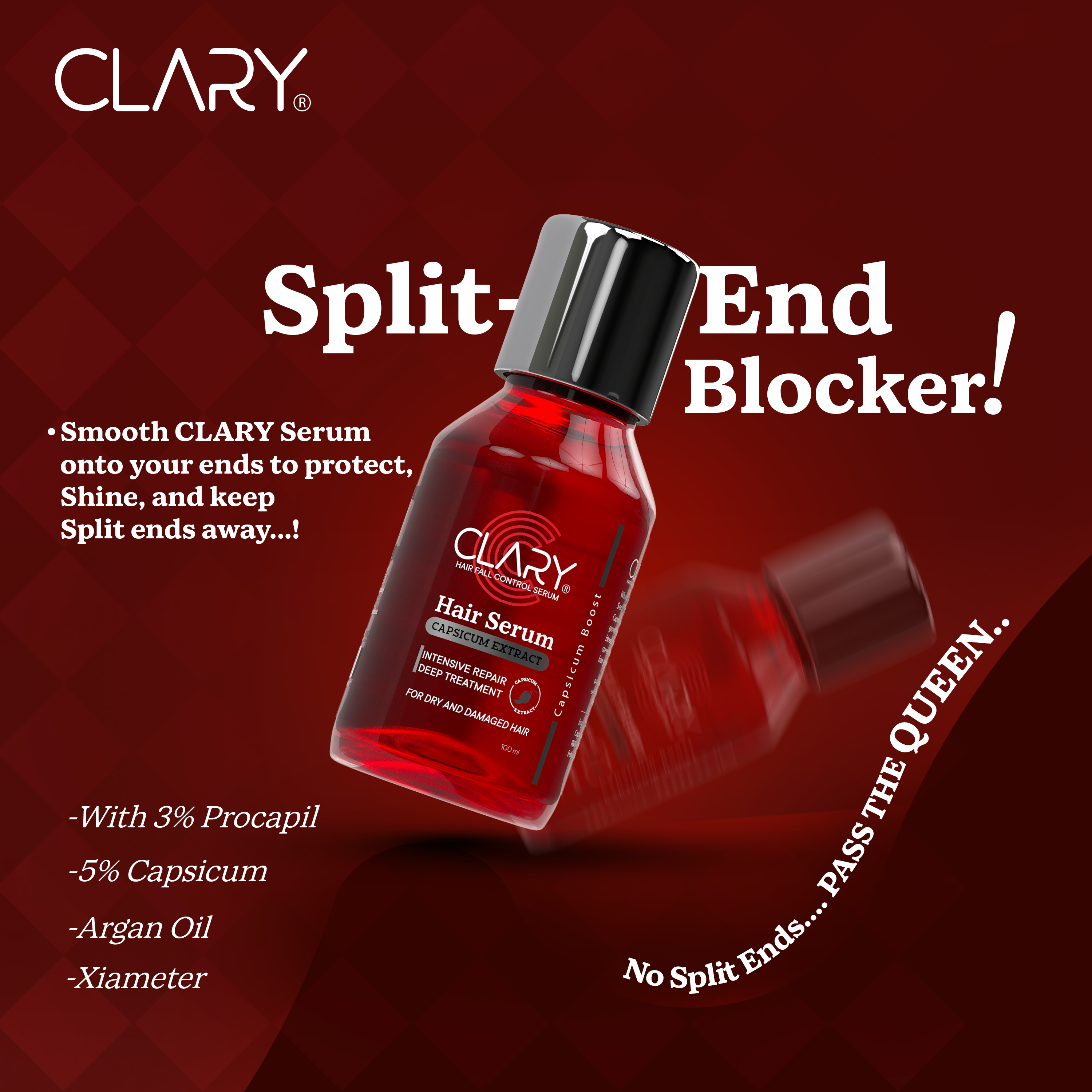 CLARY hair serum bottle with promotional text.