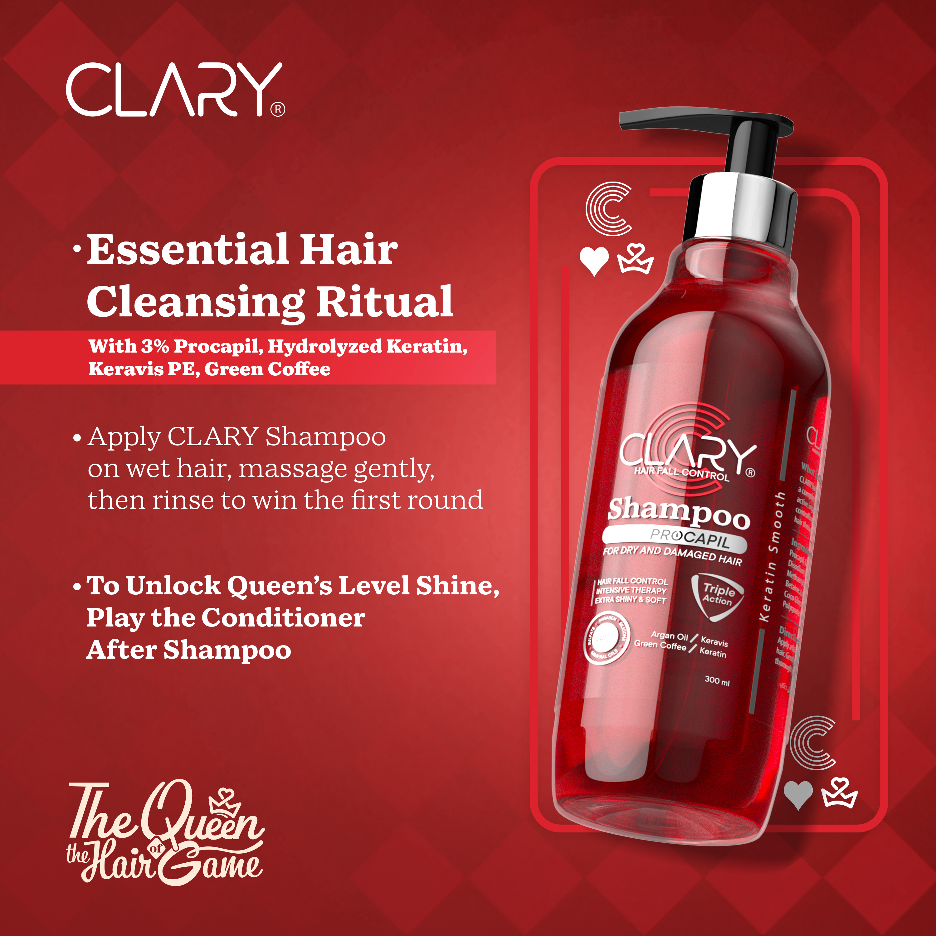 CLARY shampoo bottle with product details.