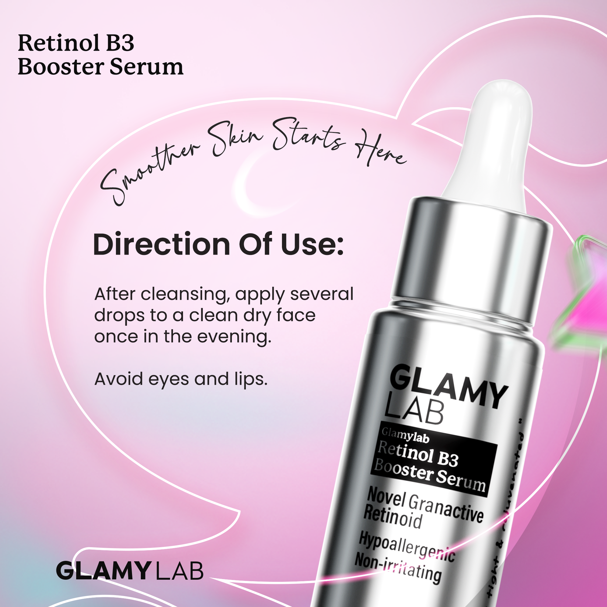 GLAMY LAB Retinol B3 Booster Serum bottle with usage instructions