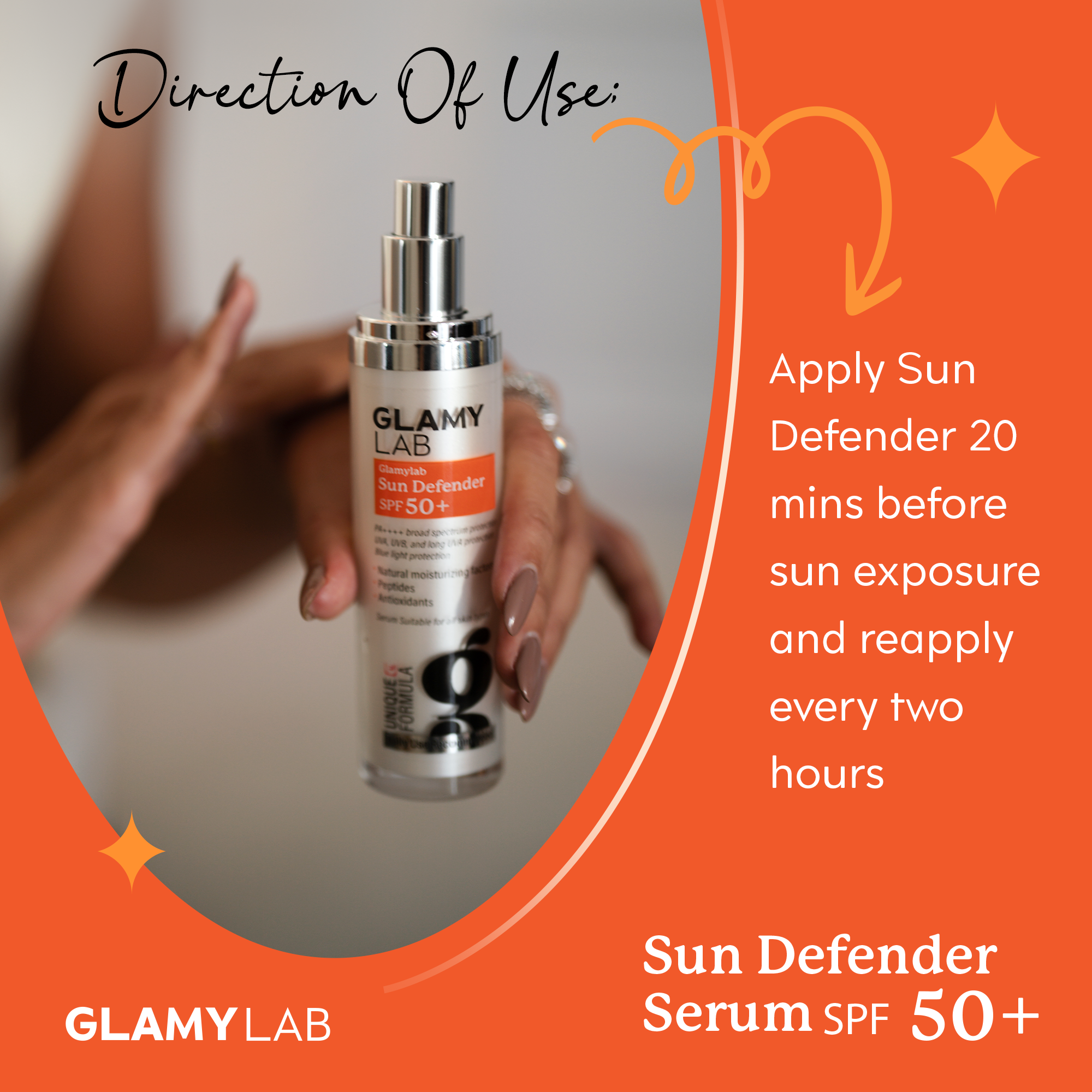 GLAMY LAB Sun Defender Serum SPF 50+ with the direction of use
