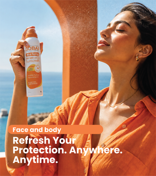 Bobai sunscreen collection for oily skin including mist spray, gel sunscreen, tinted sunscreen, thermal water, and sport sunscreen spray.