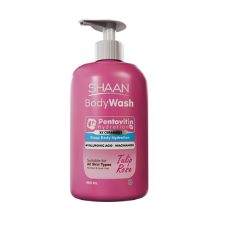 Pink bottle of Shaan Body Wash with Pentavitin Hydration 