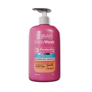 Pink bottle of Shaan Body Wash with Pentavitin Hydration 