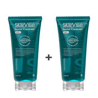 Two tubes of Starville Facial Cleanser Gel, tree-based disinfectant cleanser with 0.5% benzoyl peroxide, labeled for all skin types.