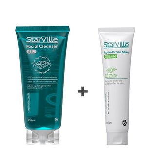Two skin care products from Starville, a facial cleanser in a blue tube and an acne cream in a white tube, presented side by side.