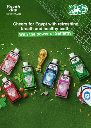 Breath Day mouthwash bottles with world cup Egypt-themed elements.