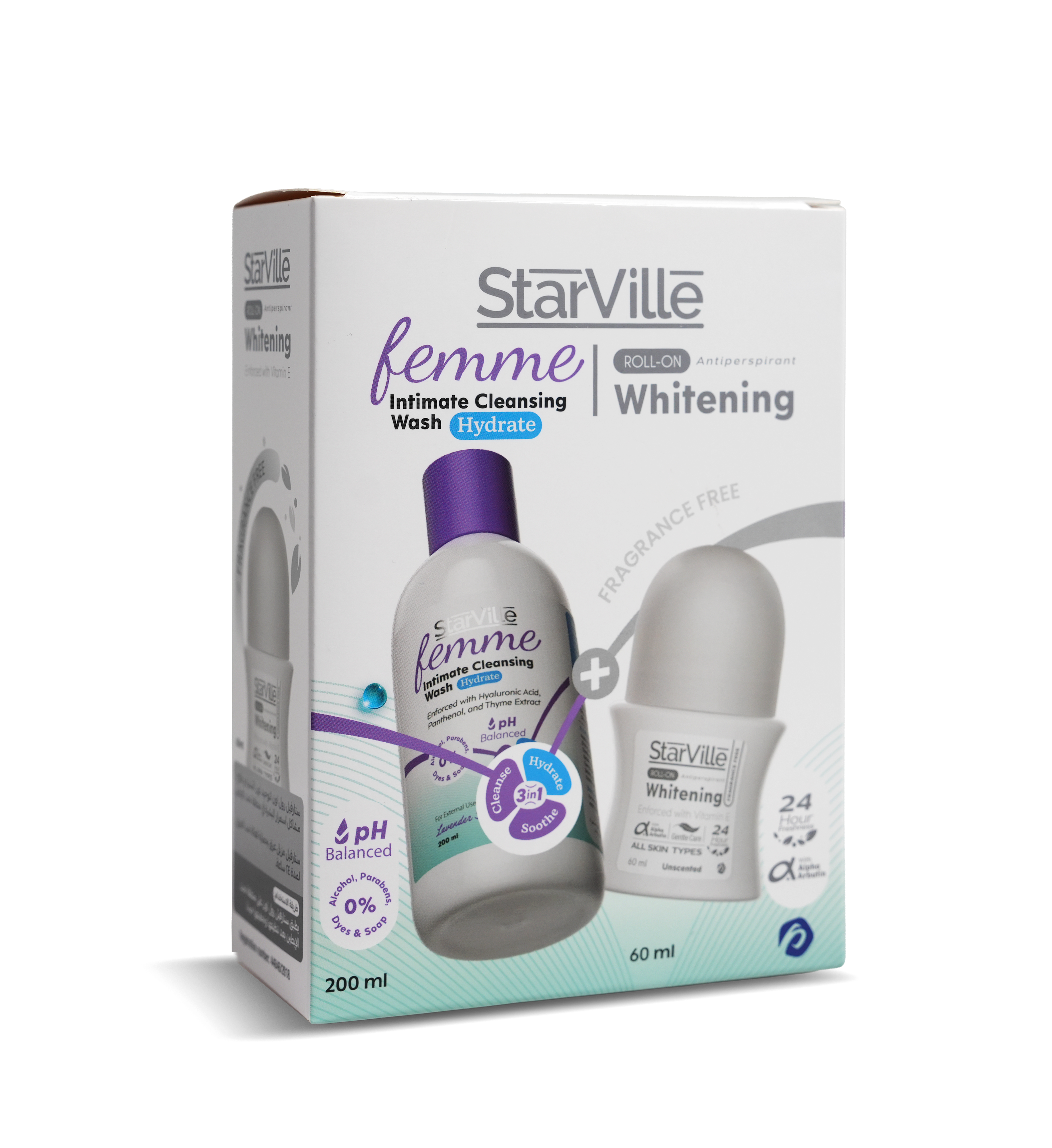 StarVille femme intimate cleansing wash packaging with starville whitening fragrance free kit.