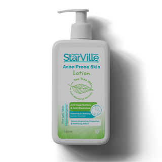 A pump bottle of StarVille Acne Prone Skin Lotion with tea tree oil, designed for moisturizing and mattifying the skin.
