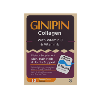 Packaging of GINIPIN Collagen supplement with Vitamin C and Vitamin E, stating it's for skin, hair, nails & joints support, and includes 10 sachets.