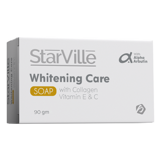 A box of Starville Whitening Care Soap with Alpha Arbutin, collagen, vitamin E & C, weighing 90 gm.