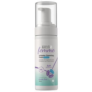 A pump bottle of StarVille Femme Intimate Cleansing Foam hydrate, labeled for hydrating the intimate area with hyaluronic acid and panthenol.