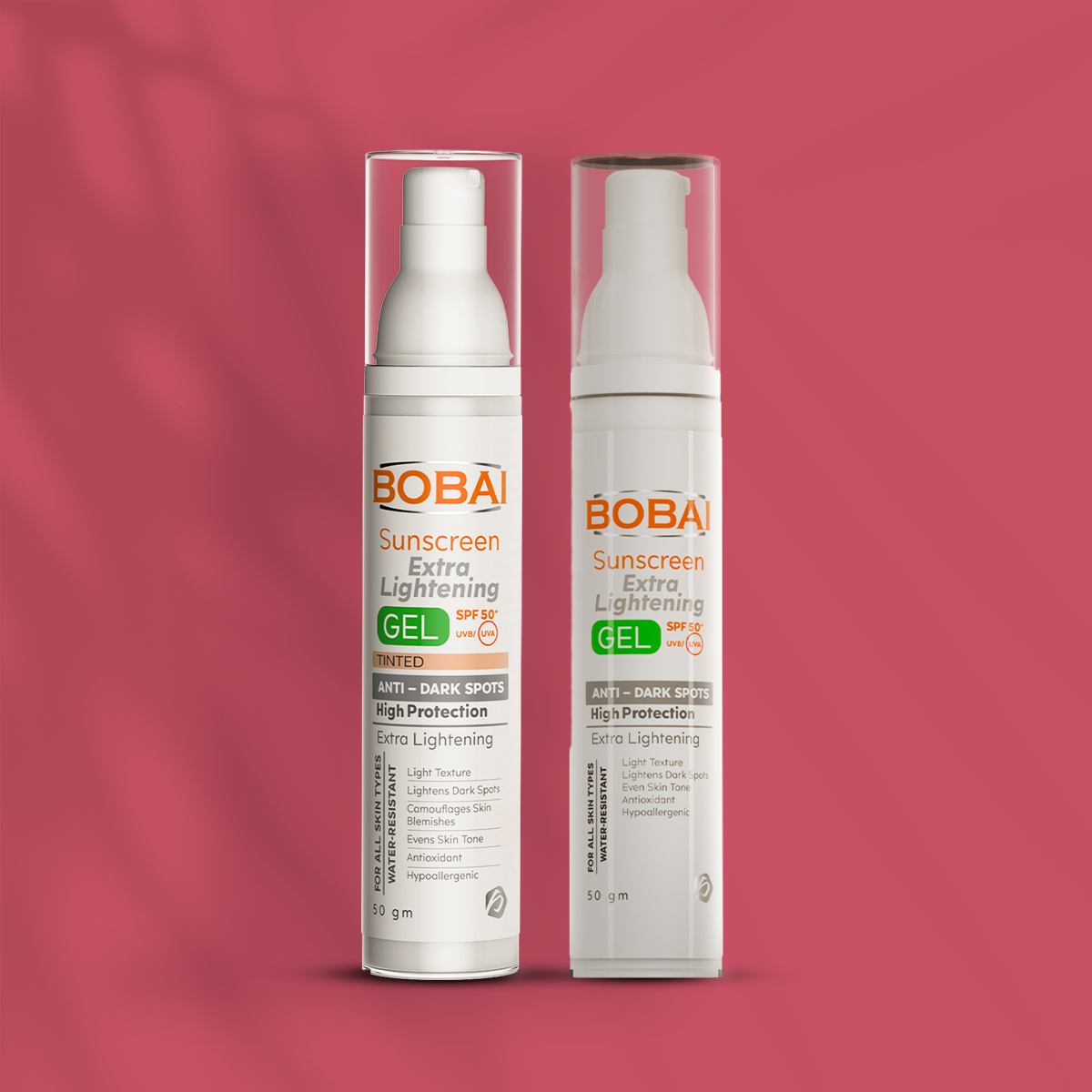 Two bottles of BOBAI sunscreen including bobai sunscreen extra lighting gel, and extra lighting tinted gel.