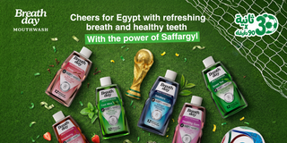 Breath Day mouthwash bottles with world cup Egypt-themed elements.