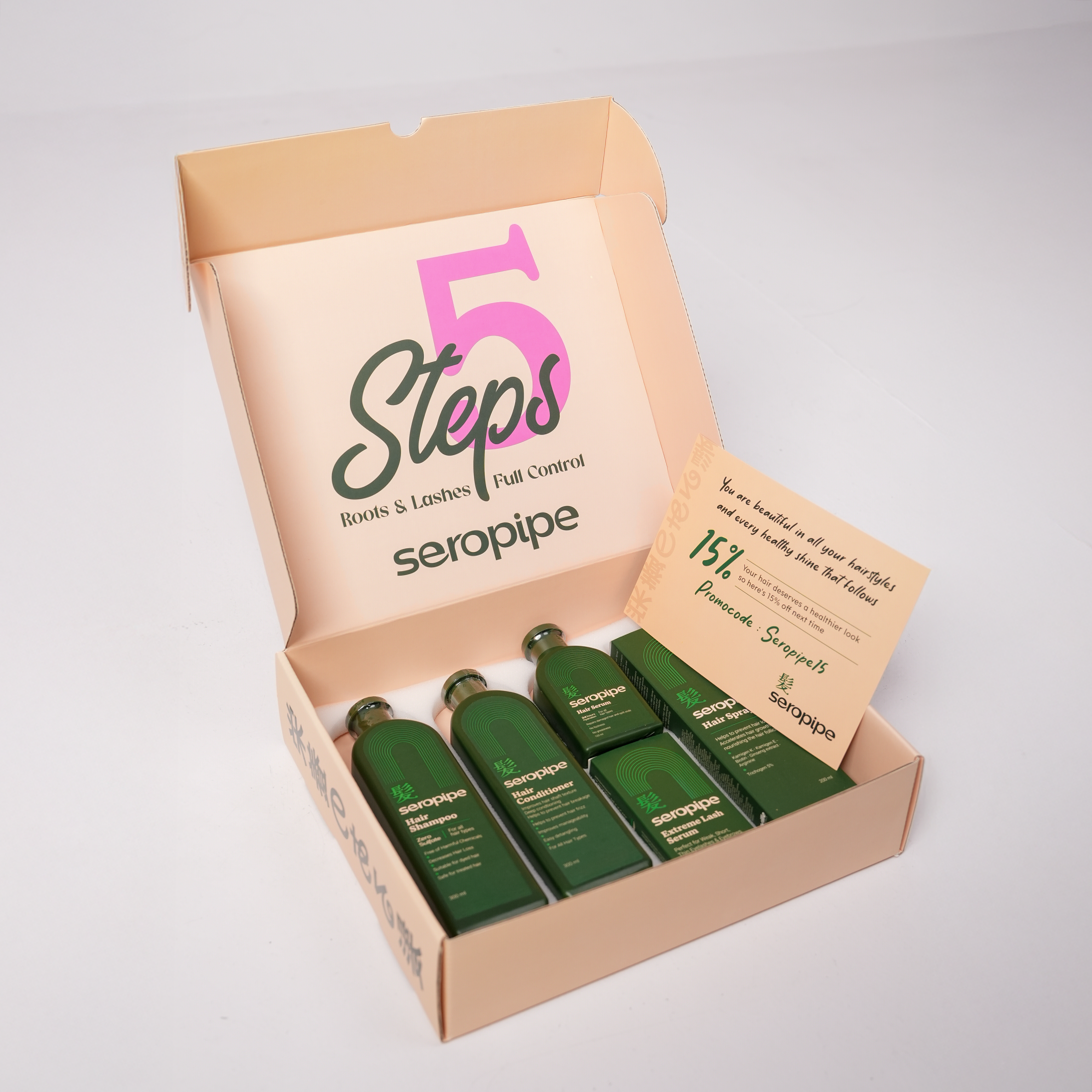 Seropipe 5 Steps hair care product set with bottles and packaging 