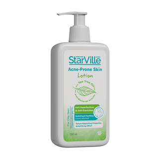 A pump bottle of StarVille Acne Prone Skin Lotion with tea tree oil, designed for moisturizing and mattifying the skin.