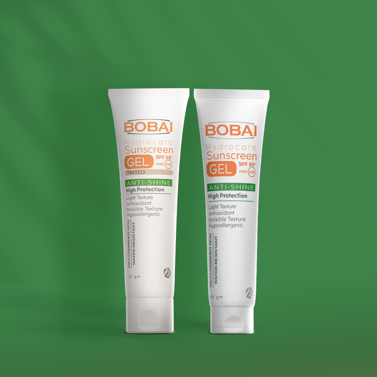 Two tubes of Bobai Sunscreen of BOBAI sunscreen including bobai sunscreen extra lighting gel, and extra lighting tinted gel.