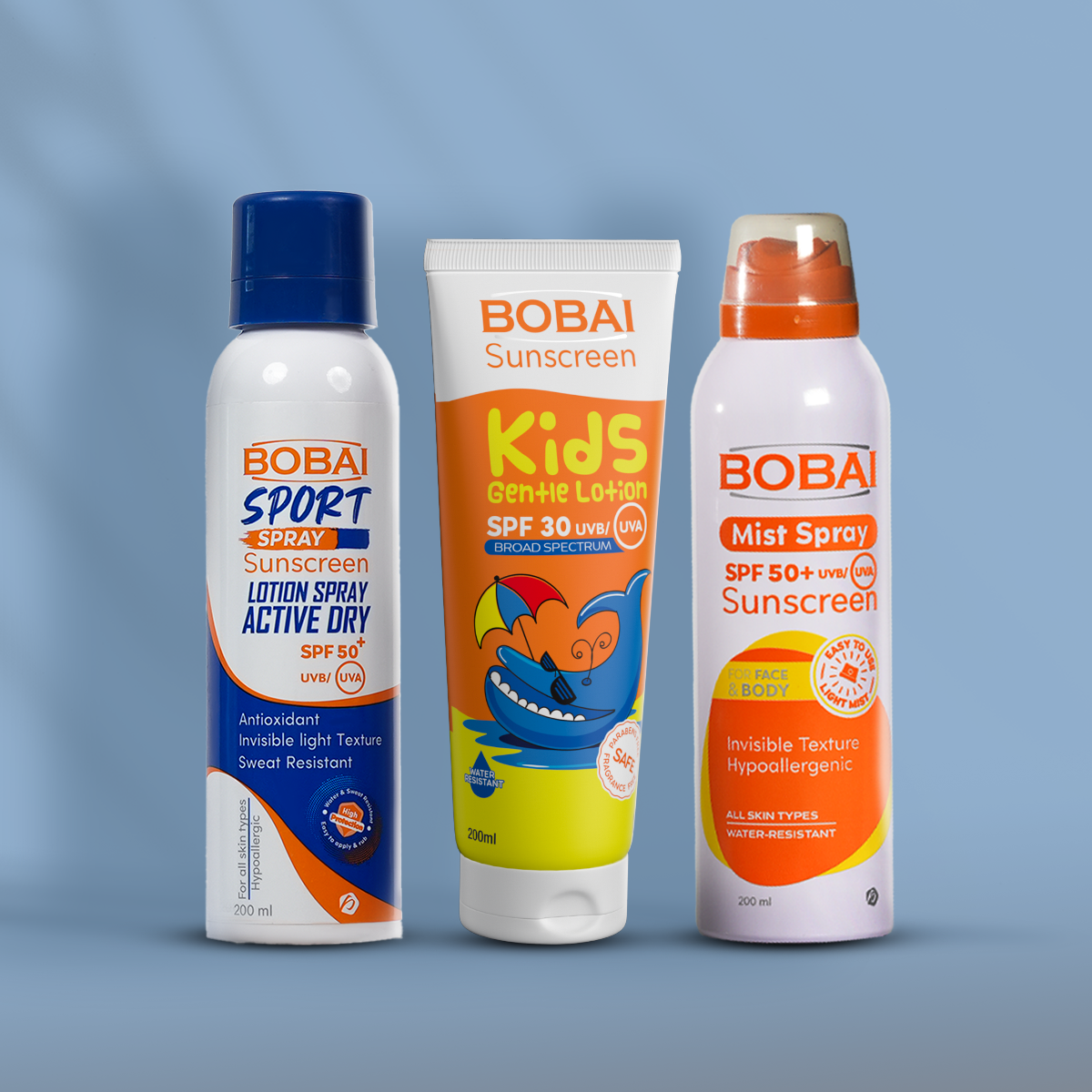 Three Bobai sunscreen products including Bobai sport, Bobai Kids Lotion, Bobai Mist Spray.
