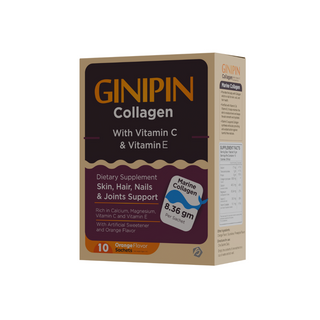 Packaging of GINIPIN Collagen supplement with Vitamin C and Vitamin E, stating it's for skin, hair, nails & joints support, and includes 10 sachets.