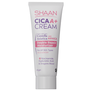 A tube of Shaan CICA ARNICA+ cream, which is a double repair moisturizer for skin.
