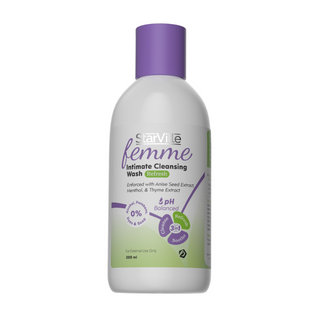 A bottle of StarVille Femme Intimate Cleansing Wash refresh with key ingredients like anise seed extract, menthol.