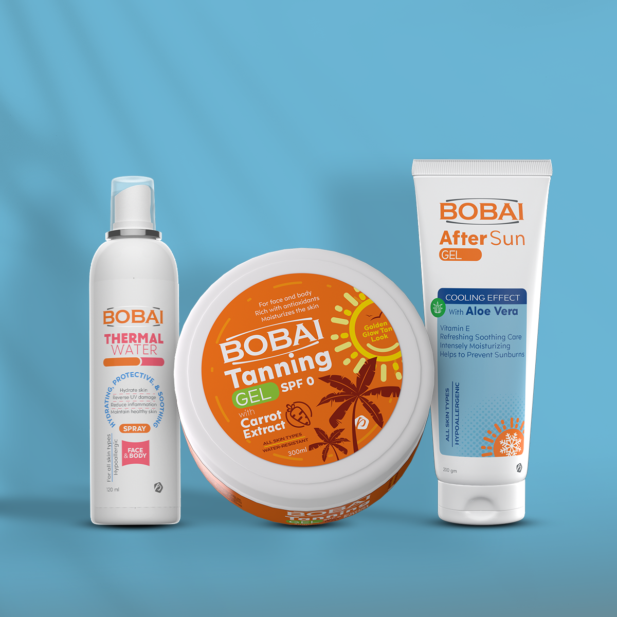 Bobai sun care products including tanning gel, after sun, thermal water.
