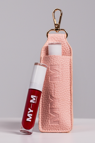 'MY-M-ADVANCE' Pink textured pouch with gold clasp and red lip gloss 