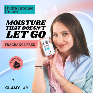 Woman holding Glamy Lab Hydra Intense Fragrance Free skincare product with promotional text 