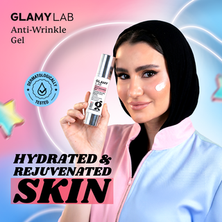 GLAMY LAB Anti-Wrinkle Gel Advertisement with a woman holding the product and text about hydrated and rejuvenated skin.