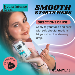 Advertisement for Glamylab Hydra Intense Cream, fragrance-free, with a woman holding the cream and with its usage