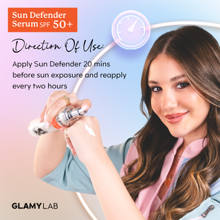 Advertisement for Sun Defender Serum SPF 50+ with a woman applying the product.