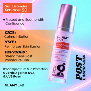 Glamy Lab Sun Defender Serum SPF 50+ with product details 