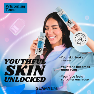 Woman holding Glamylab Whitening Toner with promotional text